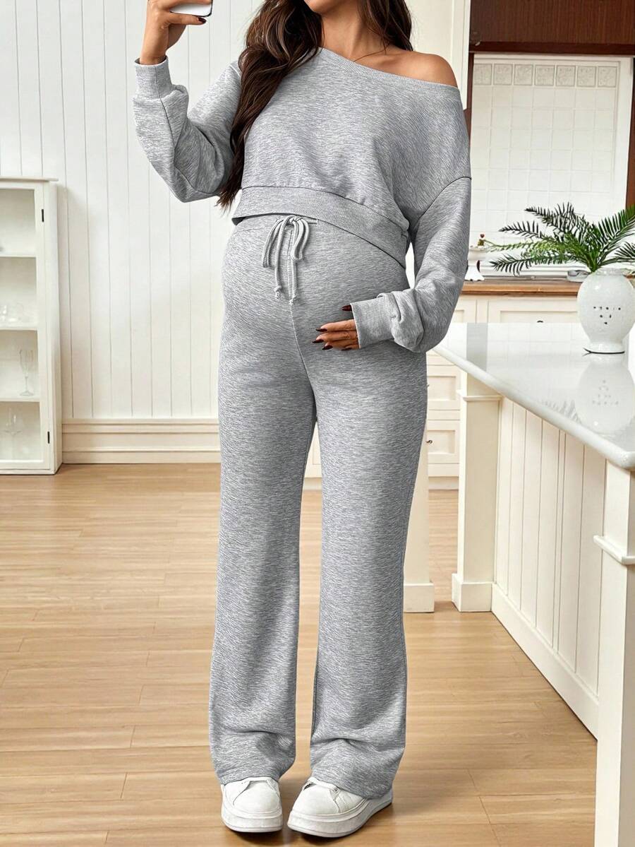 SHEIN Set de maternidad de 2 piezas: Sudadera de manga larga con hombro asimétrico de unicolor y pantalones con cordón en la cintura, casual - Gris - Ver 1