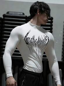RISE LYT Men's Letter Print Long Sleeve Slim Fit Athletic T-Shirt Compression Tops Compression Long Sleeve Spandex Shirt Compression Shirt Men - White - View 3