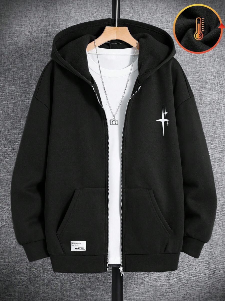 SHEIN 青少年男童灰色花卉图案宽松连帽外套，休闲学院风，舒适时尚，简约百搭，面料柔软，适合日常穿着、上学、郊游、户外活动、秋冬季节以及返校季。 - 黑色 - 查看 1