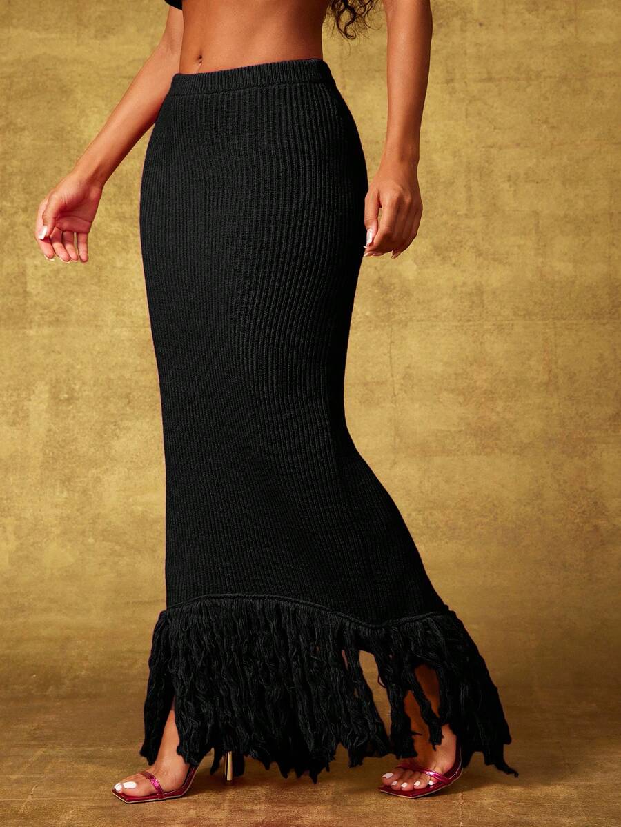 Vixey Fringe Hem Rib Waistband Maxi Sweater Skirt - Black - View 1