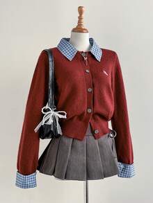 Sweetra 秋冬新款小马刺绣格子拼接二合一时尚宽松学院风长袖开衫