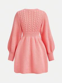 SHEIN 少女粉色圆领针织扭结泡泡袖修身A字连衣裙，秋冬季优雅休闲风 - 粉色 - 查看 3