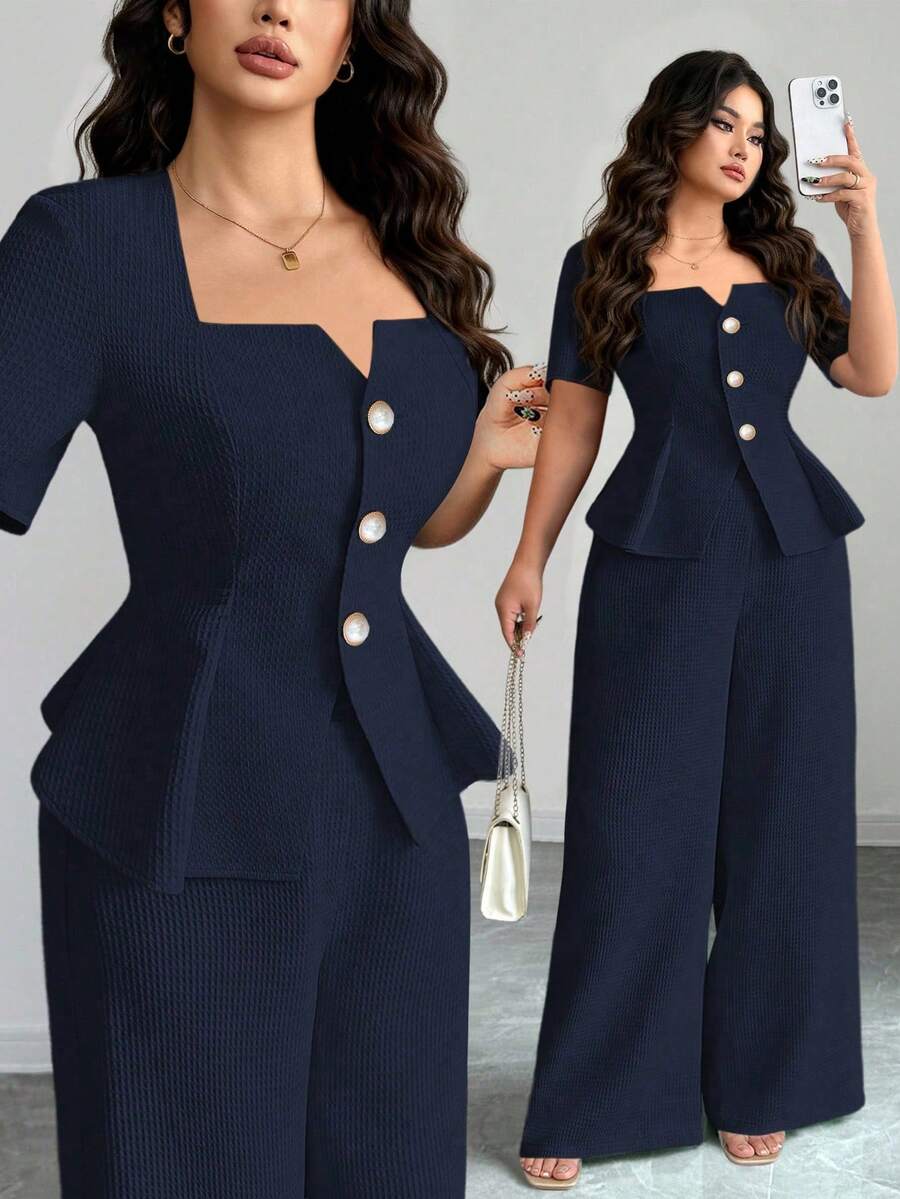 Elenzga Bộ 2 món áo thun tay ngắn vải jacquard họa tiết ôm sát thanh lịch dành cho nữ cỡ lớn kèm quần ống đứng - Màu xanh hải quân - Xem 1