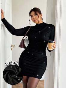 Lounesse 大码优雅通勤知性音乐节黑色性感修身褶皱迷你连衣裙，适合情人节、音乐会、演出、约会、正式晚宴、盛会、婚礼等场合。 - 黑色 - 查看 1