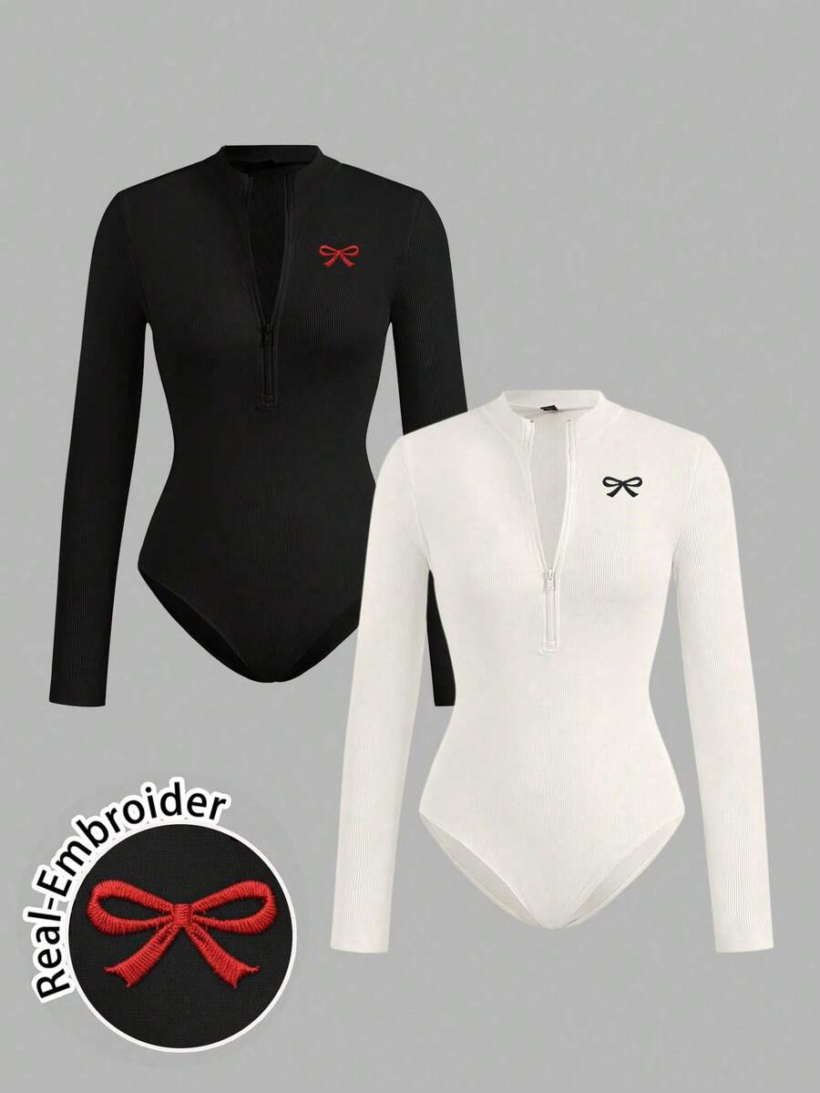SHEIN EZwear 两件套女士拉链蝴蝶结刺绣连体衣套装,舒适休闲长袖高领连体衣,适合外出、搭配服装,简约舒适,时尚别致 - 黑與白 - 查看 1