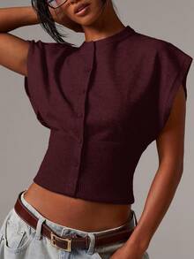 Athîral Áo len chui đầu tay cánh dơi cài nút phía trước màu trơn tối giản dành cho nữ - Màu Đỏ Sâu - Xem 4