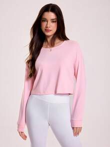 Sovereign Charm Camiseta Esportiva de Manga Longa com Costas Vazadas em Cor Sólida Casual - Rosa Bebê - Visão 6