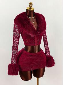 Amplova 女士蕾丝和人造毛皮两件套，性感前卫的超低腰迷你裙，侧面有褶饰，袖口为人造毛皮，配有纽扣开合，适合约会 - 酒紅色 - 查看 7