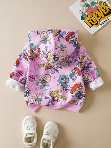 Nick 90s | SHEIN Baby Girl Cartoon Cute & Fun Best Friend Character & Star Print Zip Up Thermal Hooded Sweatshirt - Pink - View 2