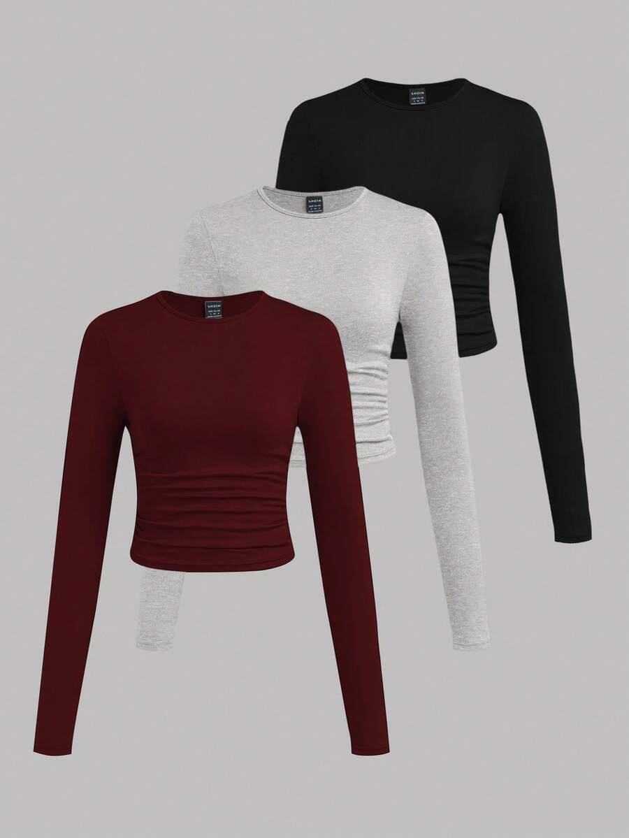 SHEIN EZwear 3件套女士休闲纯色圆领褶皱长袖T恤,黑色、灰色、酒红色,秋冬春季女士长袖紧身衣 - 彩色 - 查看 1