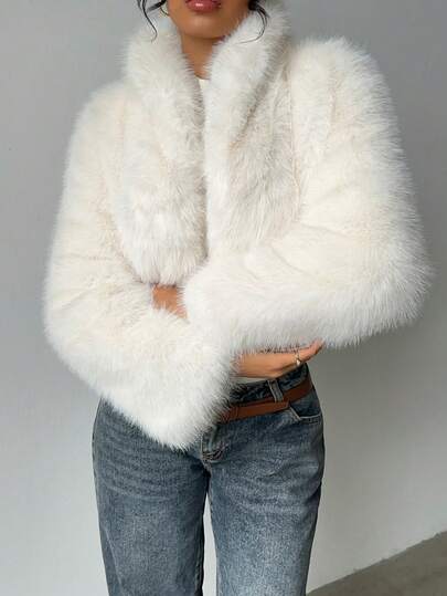 Flirla 1pc Women's Luxury Elegant Faux Fur Lined Jacket, Wine Red