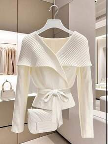 Franclia 女士交叉领弹力腰针织T恤，简约时尚针织上衣，适合通勤、日常穿着，尽显优雅气质。适合冬季、圣诞节、新年、白色新年、派对、海滩、优雅休闲、浪漫、情人节、约会、毕业季等场合。 - 米色 - 查看 6