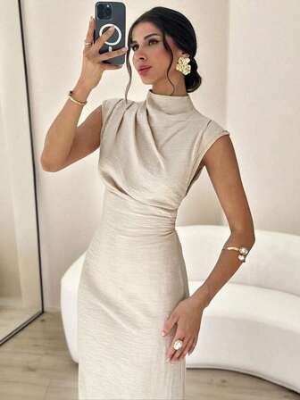 Firerie 女士优雅休闲日常通勤度假时尚新款中式立领垂袖束腰杏色长款连衣裙