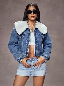 Jeanoix Women's Fuzzy Collar Long Sleeve Cropped Denim Washed Top, Autumn/Winter - Dark Wash - View 5