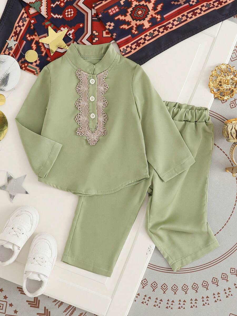 中东风格传统刺绣长袖上衣和裤子套装，适合男婴 - 綠色 - 查看 1