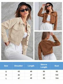 Chaqueta corta de color liso para mujer, primavera-otoño, ropa de otoño-invierno para mujer, chaqueta de pana con bolsillos con solapa y hombros caídos, ropa de otoño-invierno para mujer - Albaricoque - Ver 6