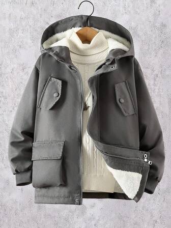 SHEIN Vacaura Tween pojkar enfärgad långärmad fleecejacka med dragkedja och huva med fickor, vinter