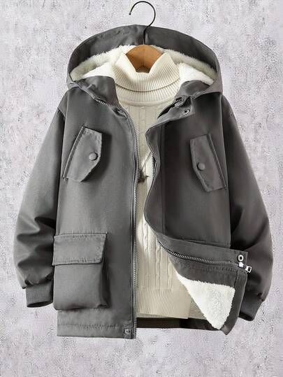 SHEIN Vacaura Tween 男童纯色长袖拉链连帽羊毛休闲夹克，带口袋，冬季