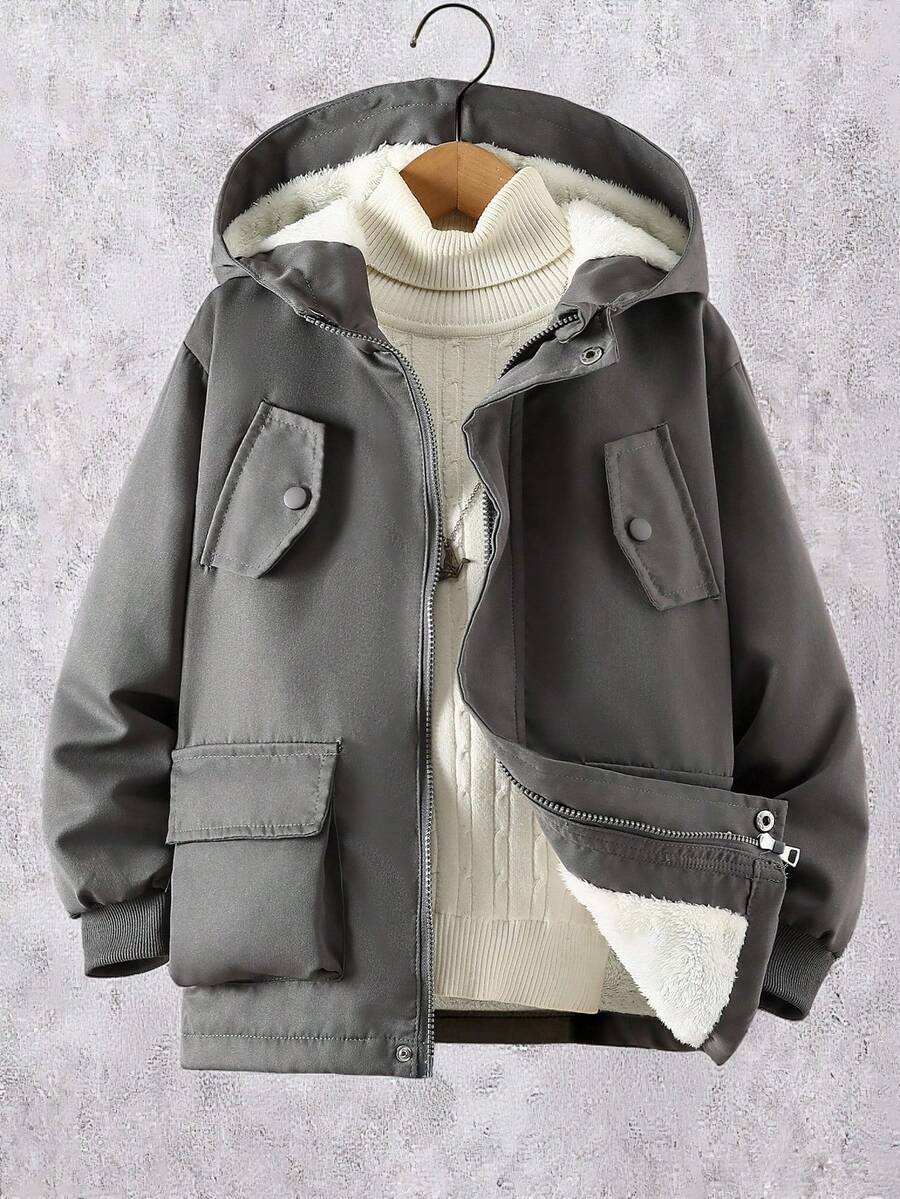 SHEIN Vacaura Tween 男童纯色长袖拉链连帽羊毛休闲夹克，带口袋，冬季