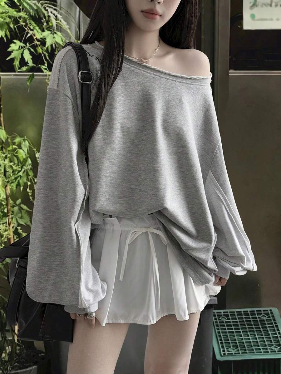 DAZY Women's Loose Fit Shoulder Cut-Out Color Block T-Shirt - Grey - View 1