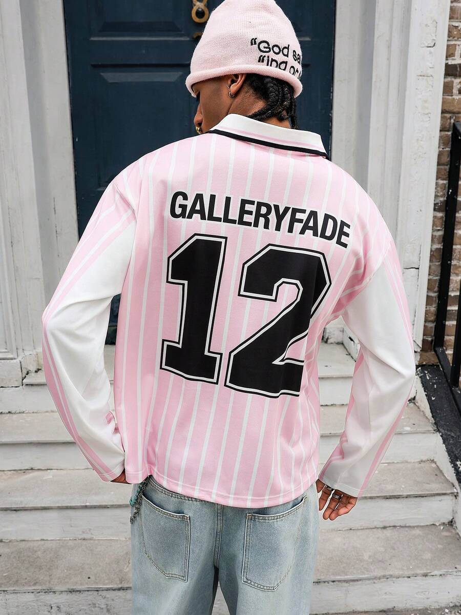 GALLERY FADE 男士休闲条纹字母印花长袖Polo衫，秋季款 - 粉色 - 查看 1