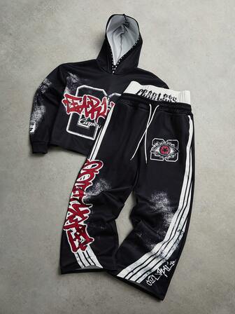 Manfinity Roghcode Herren Streetwear Mode bedruckte 2-in-1 Hose mit doppeltem Bund, geeignet für Outdoor Musikfestivals, tägliche Unternehmungen, Treffen mit Freunden, Geschenke für Freund/Ehemann, Jahrestags-Geschenke, Kontrast-Farbenes Sweatshirt Set