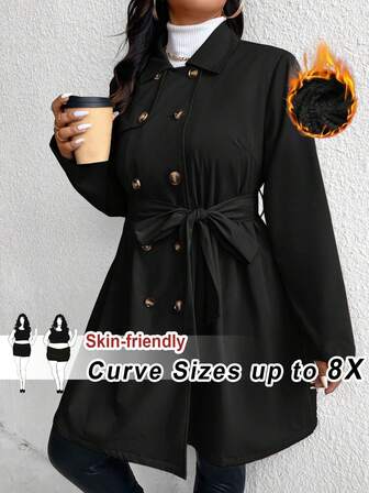 SHEIN CURVE+ 加大码秋季服装纽扣长袖腰带宽松时尚个性化风衣女士外套冬季外套秋季女装加大码