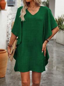 EMERY ROSE Vestido elegante suelto con cuello en V y volantes en el bajo, de unicolor para mujer - Verde - Ver 5