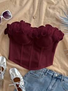 Soleia 浪漫性感荷叶边修身抹胸上衣，适合度假、约会之夜、情人节、下午茶等场合。
