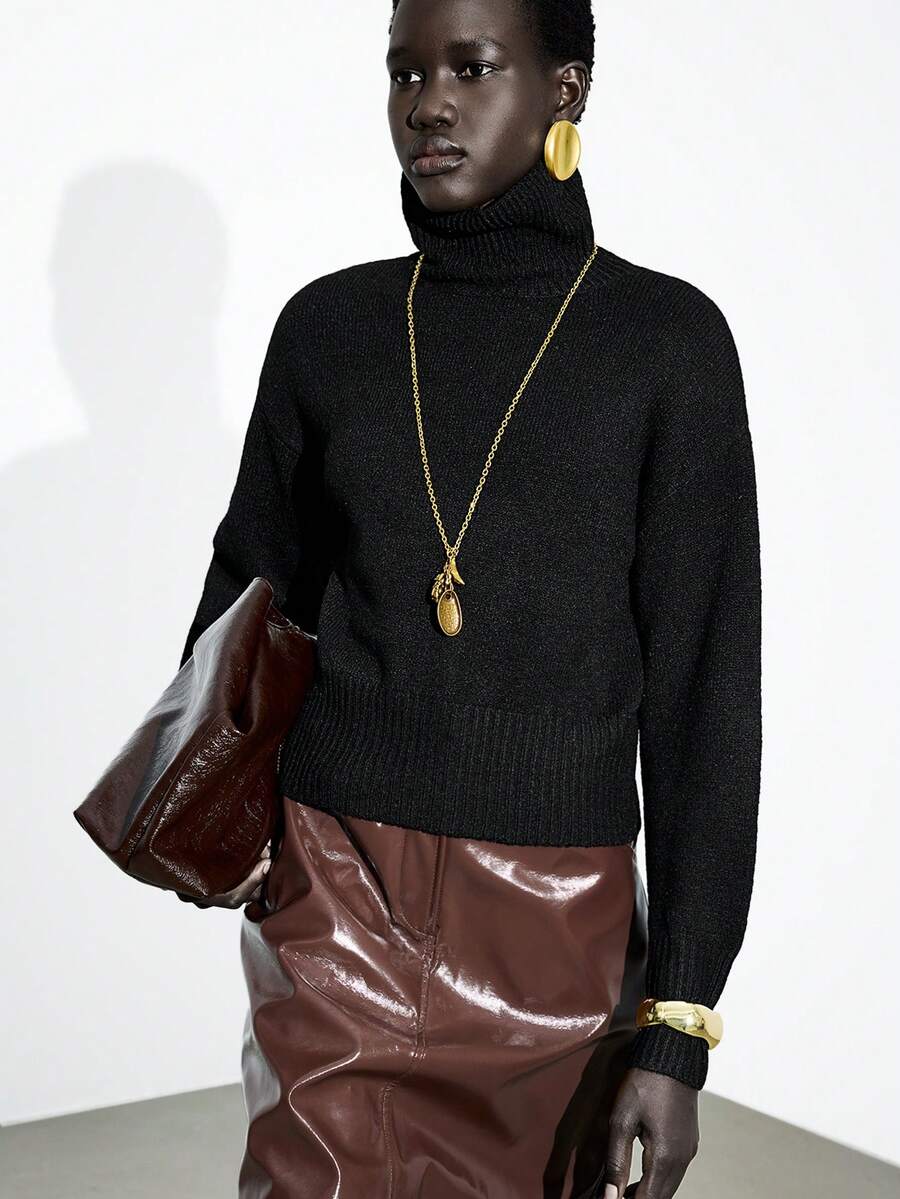Lumivelle Casual Solid Color Turtleneck Sweater, Autumn/Winter - Black - View 1