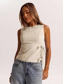 SHEIN BAE 女士纯色圆领侧系腰休闲无袖上衣 - 杏色 - 查看 7