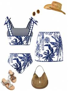Swim Oasis Women's Blue & White Tropical Bird, Palm Tree, Zig Zag Print Swimsuit Set, Beach Holiday Casual Boho Style Blue & White Bikini With Sarong Skirt Set - Blue and White - View 13
