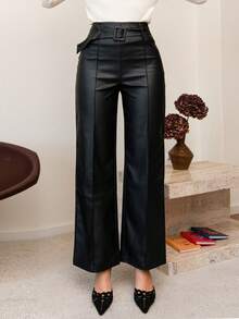 Bris Aura Women Minimalist Straight PU Leather Leggings, Casual Daily Wear - Black - View 5