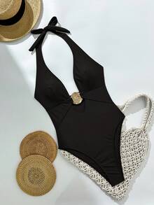 Swim SXY 女士夏季纯色深V领金属装饰性感连体泳衣 - 黑色 - 查看 3