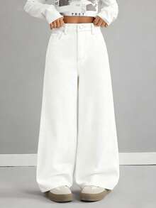 SHEIN بنطلون جينز واسع الساق بتصميم مرن وفضفاض بلون أحادي للفتيات المراهقات - أبيض - مشاهدة 4