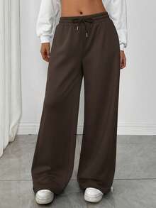 SHEIN EZwear 女士纯色抽绳腰阔腿休闲宽松运动裤 - 咖啡棕 - 查看 6