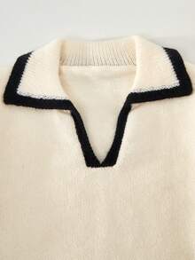 Tween Girl Elegant Polo Collar V-Neck Contrast Trim Loose Straight Sleeve Sweater And Casual Flared Wide Leg Knit Pants 2 Piece Set, Suitable For Autumn/Winter, Daily Wear, Party, Vacation - Apricot - View 3