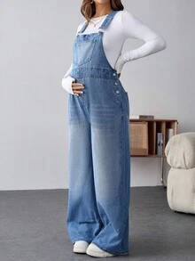 SHEIN 孕妇宽松口袋连体裤，纽扣设计，休闲牛仔连体裤，蓝色，冬季圣诞节新年感恩节通勤度假毕业典礼时尚百搭基础款，博主推荐，Y2K可爱街头风生日装扮派对婚礼商务休闲女装蓝色牛仔连体裤，阔腿设计，前口袋，舒适孕妇连体裤，完美日常休闲风格 - 藍色 - 查看 4