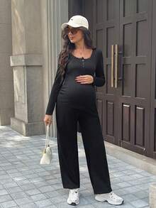 SHEIN 两件套孕妇纯色圆领蕾丝拼接长袖上衣和裤子休闲针织套装 - 黑色 - 查看 7