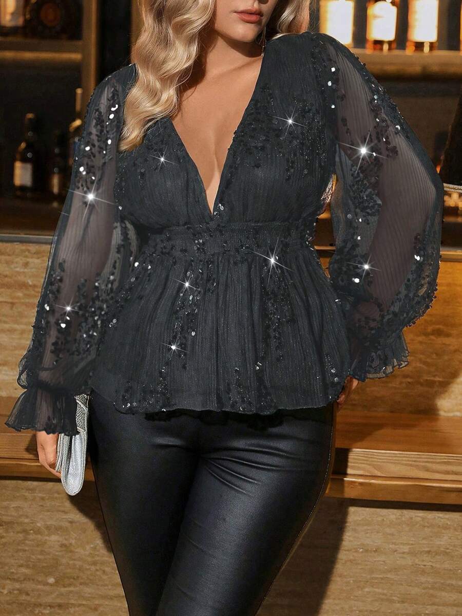 Auvina Áo cánh thắt eo cổ chữ V thời trang mới dành cho nữ - Bạc - Xem 1