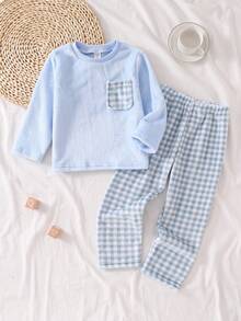 男童格子抓绒长袖上衣和裤子两件套休闲舒适睡衣套装 - 藍色 - 查看 5