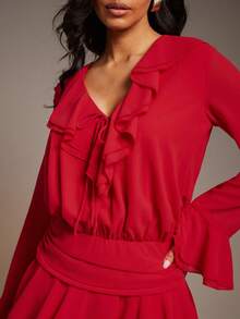 L'Amorae Women Ruffle Detail Drop Waist Long Sleeve Mini Dress, Valentines Date Night Outfit In Red - Red - View 5