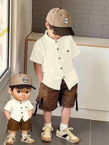 SHEIN Genkimix Kids Toddler Boys' Plain Simple Casual Short Sleeve Shirt - Beige - View 1