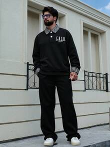 DAZY Men's Black Patchwork Collar & Cuff Letter Embroidery Pullover Pullover Sweatshirt Set, Autumn - Black - View 7