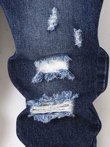 SHEIN Playful Pals 2024 New Young BoyCasual Versatile Personalized Street Cool Distressed Ripped Elastic Waist Fitted Washed Black & Grey Jeans, Suitable For Daily Wear Distressed Clothes Boys - Dark Wash - View 7