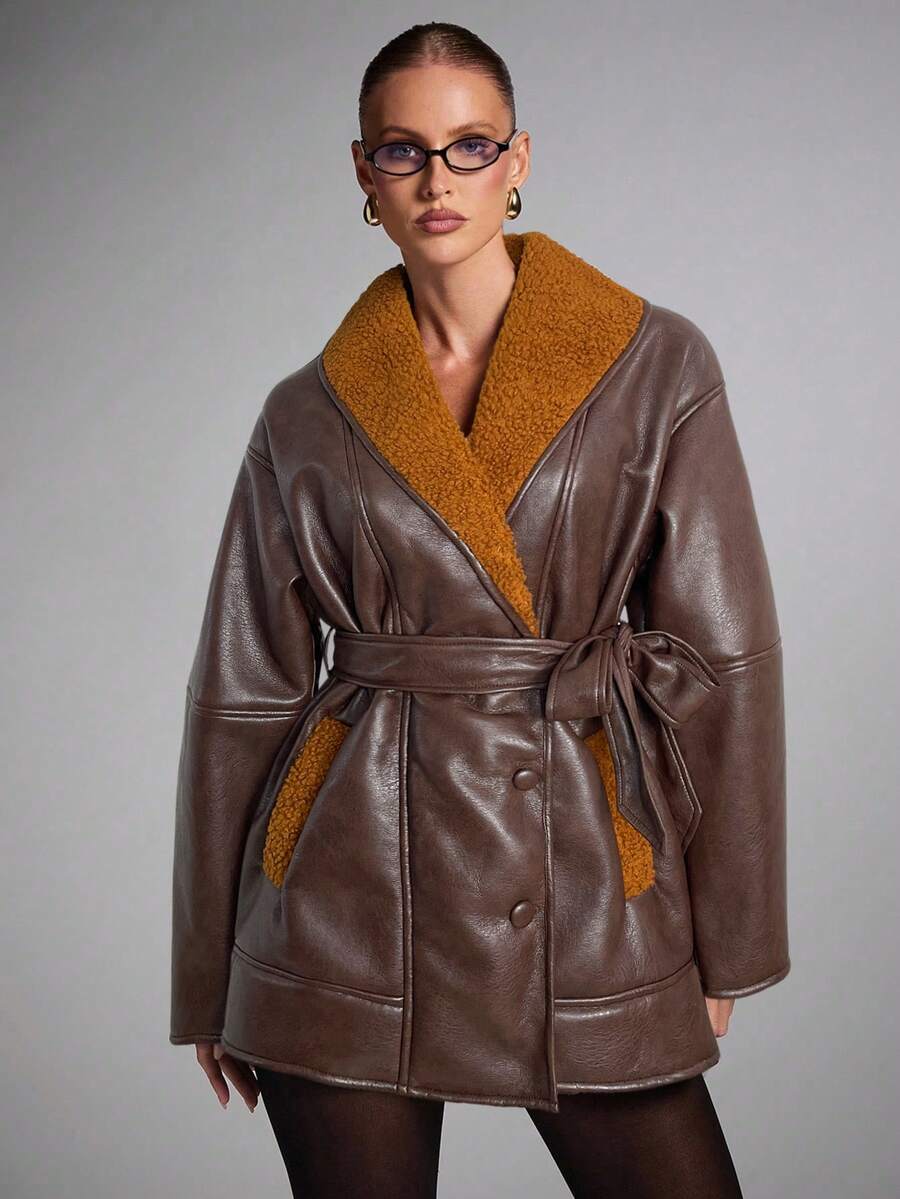 SHEIN BAE Áo khoác da giả lông thú cổ điển dành cho nữ, Thu/Đông - Màu nâu Sô-cô-la - Xem 1