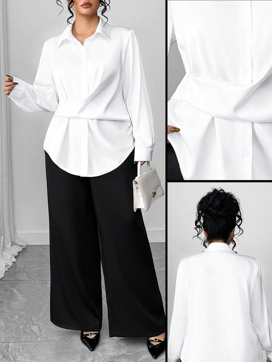 Elenzga Plus Size Solid Color Long Sleeve Casual Shirt - White - View 1