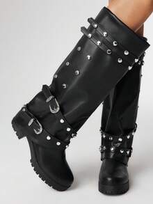 ROMWE 黑色过膝厚底圆头套脚舒适百搭女靴 - 黑色 - 查看 2