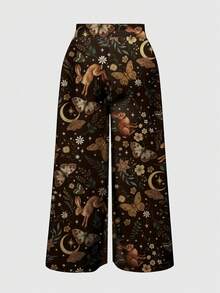 ROMWE Goth Quần ống rộng dáng rộng cỡ lớn in họa tiết hoa, cây, mặt trời, mặt trăng, ngôi sao và thỏ, phong cách rừng tối - màu nâu - Xem 2