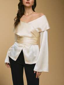 Poéselle Beige,Autumn,Elegant,Party Women's Ivory Off-Shoulder Satin Wrap Blouse,Cross-Front Long Sleeve Top With Waist-Cinching Sash,Luxe Silk-Feel Fabric,1pc - Apricot - View 8